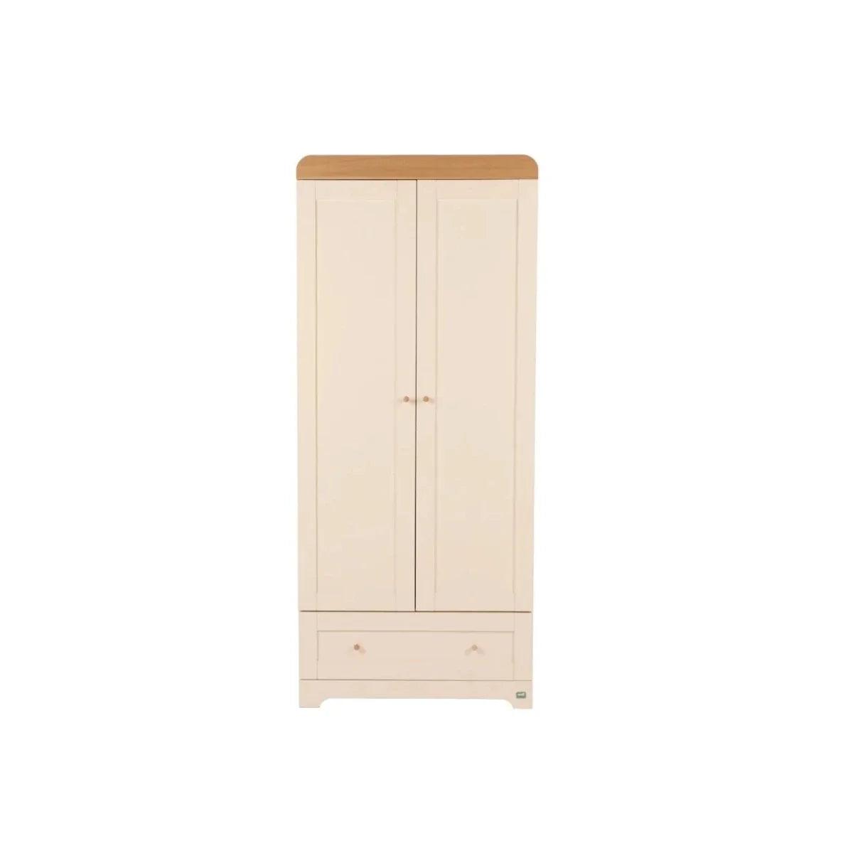 Cream wardrobe with honey oak top, double doors and two drawers, childroom furniture