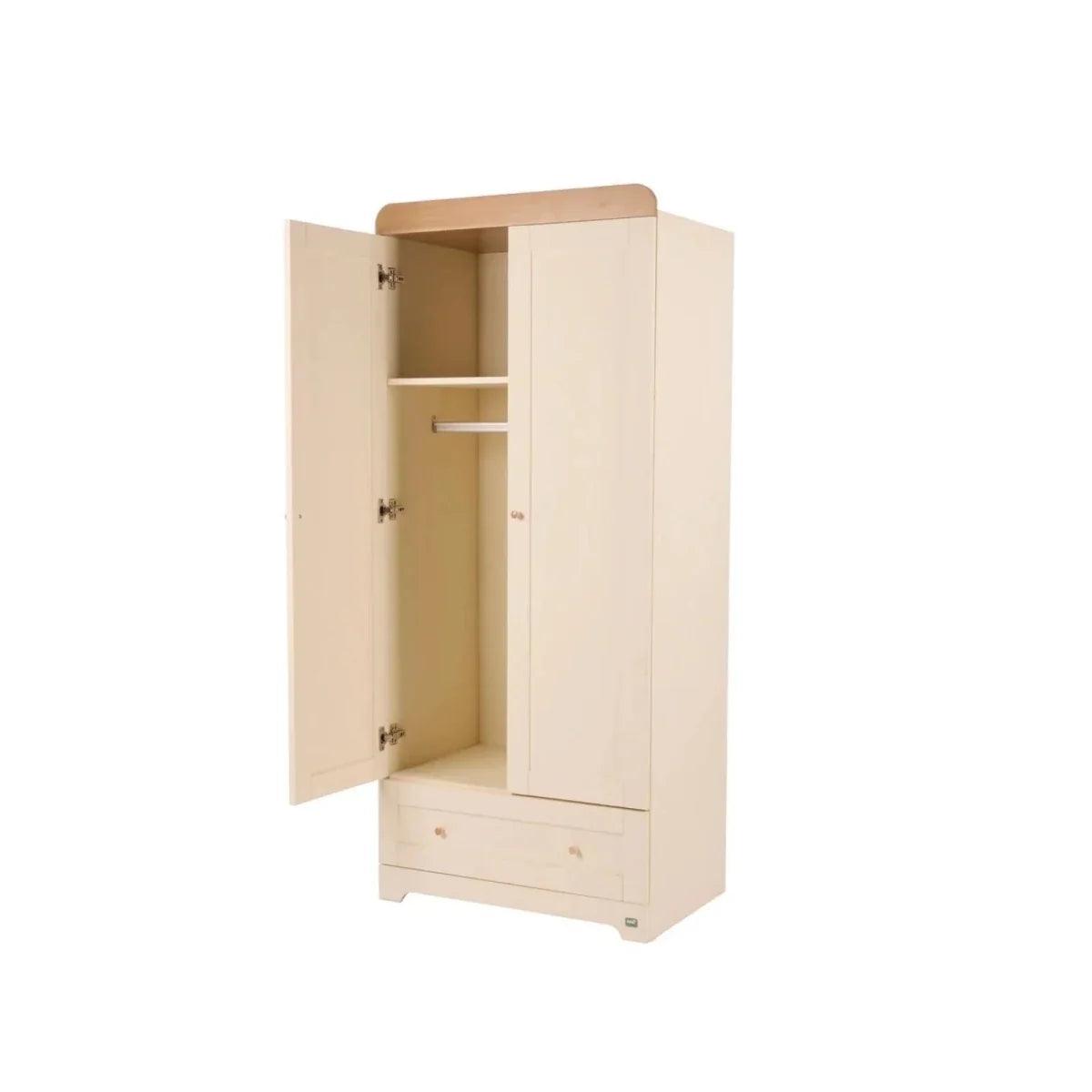 Cream wardrobe cabinet opened, showing interior shelves, plus two bottom drawers