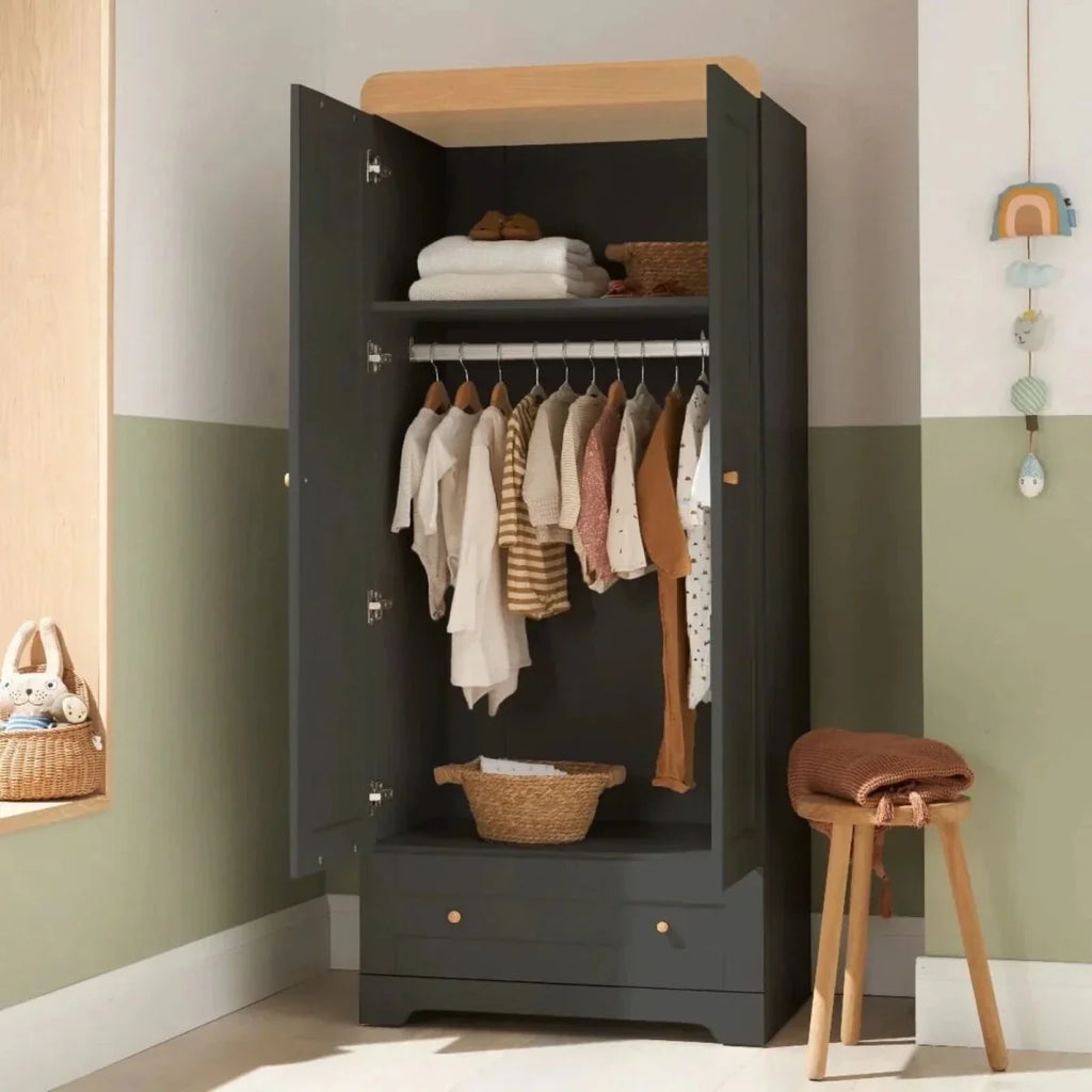 Slate wardrobe with open doors and hanging rail, with folded clothes on shelves