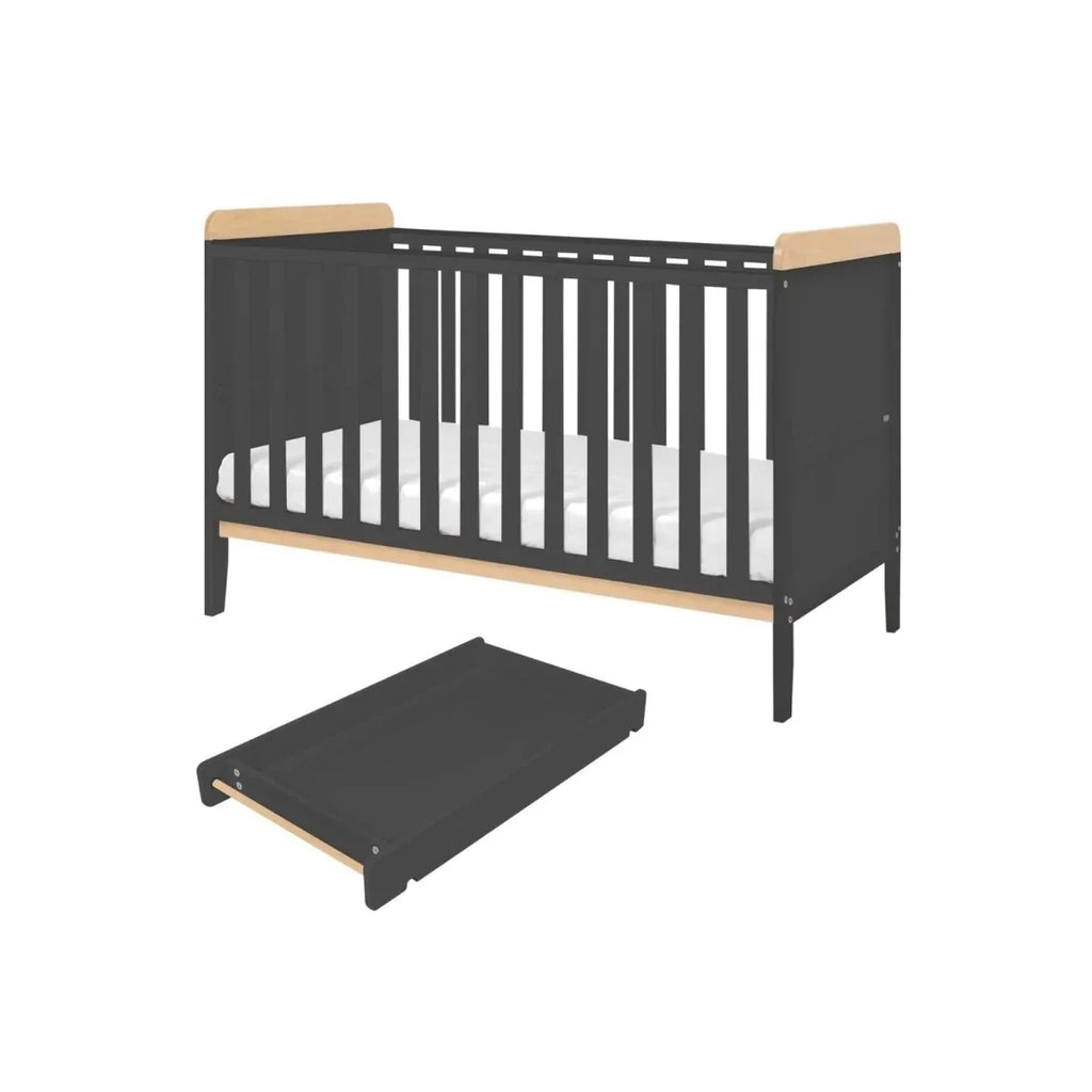 Slate junior bed frame with light wood end panels and included mattress base