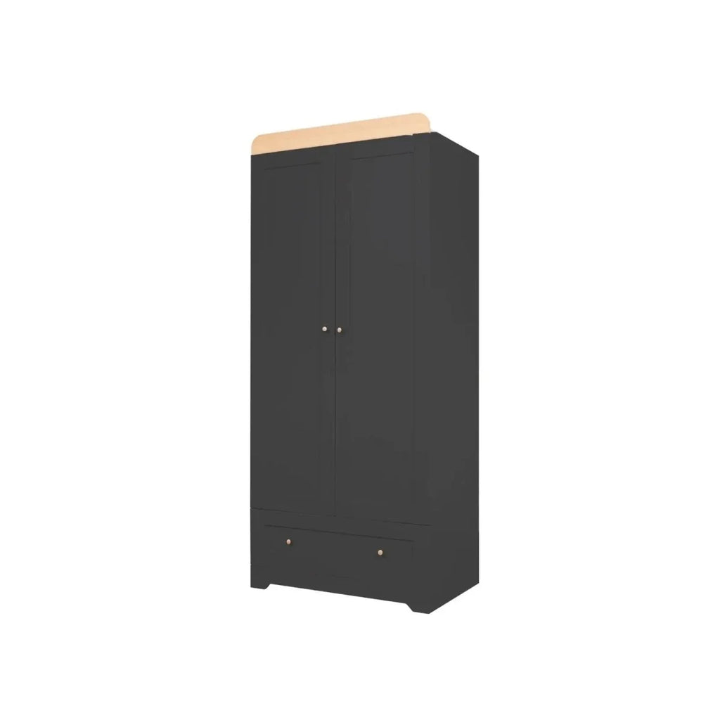 Dark slate wardrobe with light oak top and small round knobs