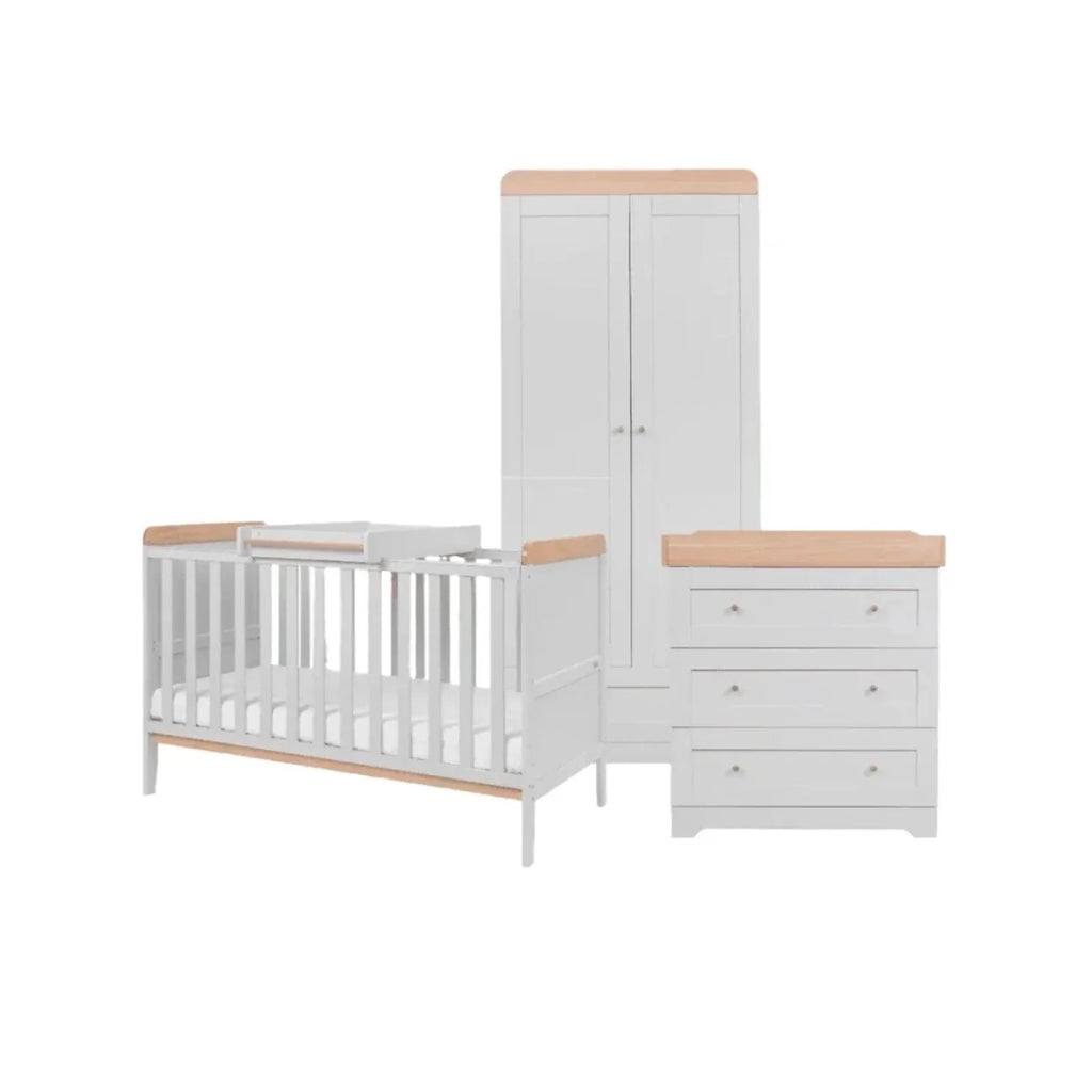 White cot bed with wardrobe and chest drawers set, honey oak trim accents