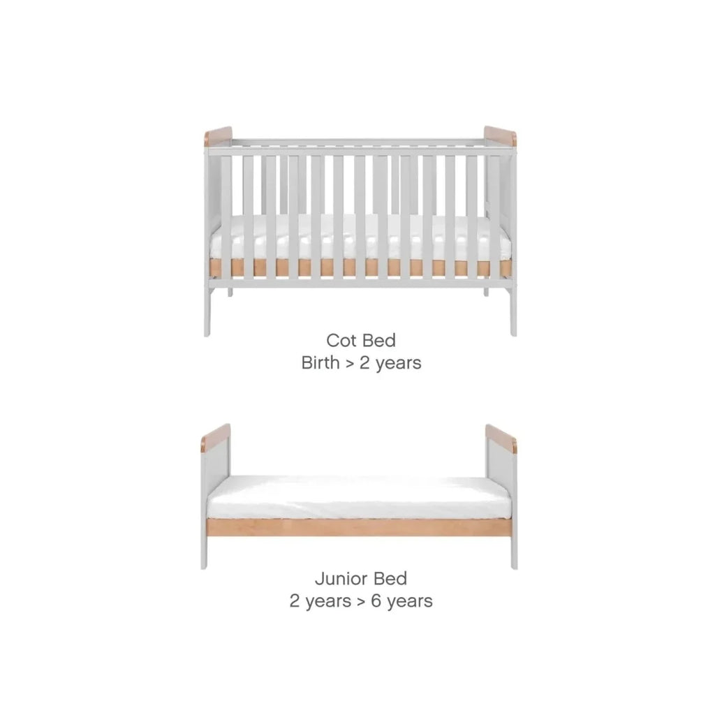 Cot bed and junior bed conversion shown, white frame with honey oak rails