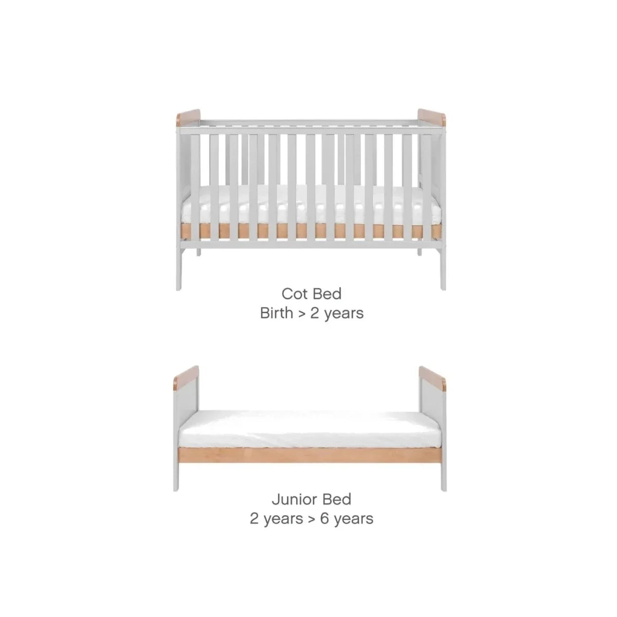 Cot bed and junior bed conversion shown, white frame with honey oak rails