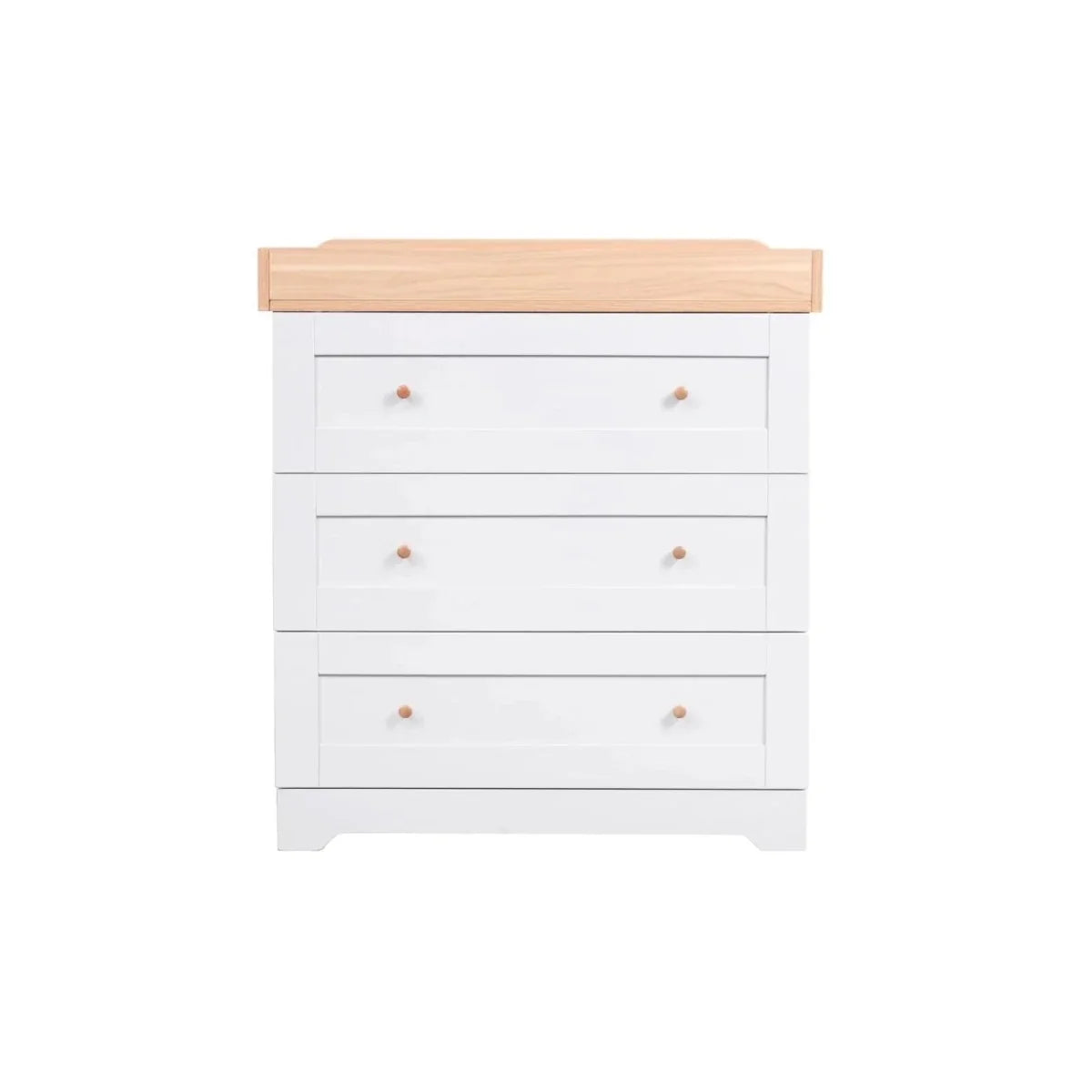 White baby dresser with honey oak top and three drawers with wooden knobs