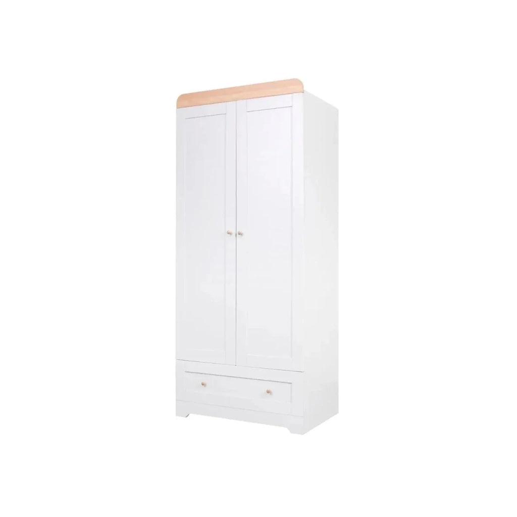 White baby wardrobe with honey oak top, double doors, and small wooden knobs