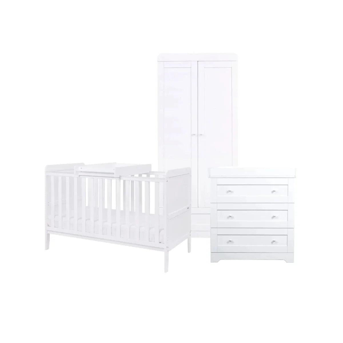 White cot bed with sprung mattress, plus wardrobe and dresser in matching set