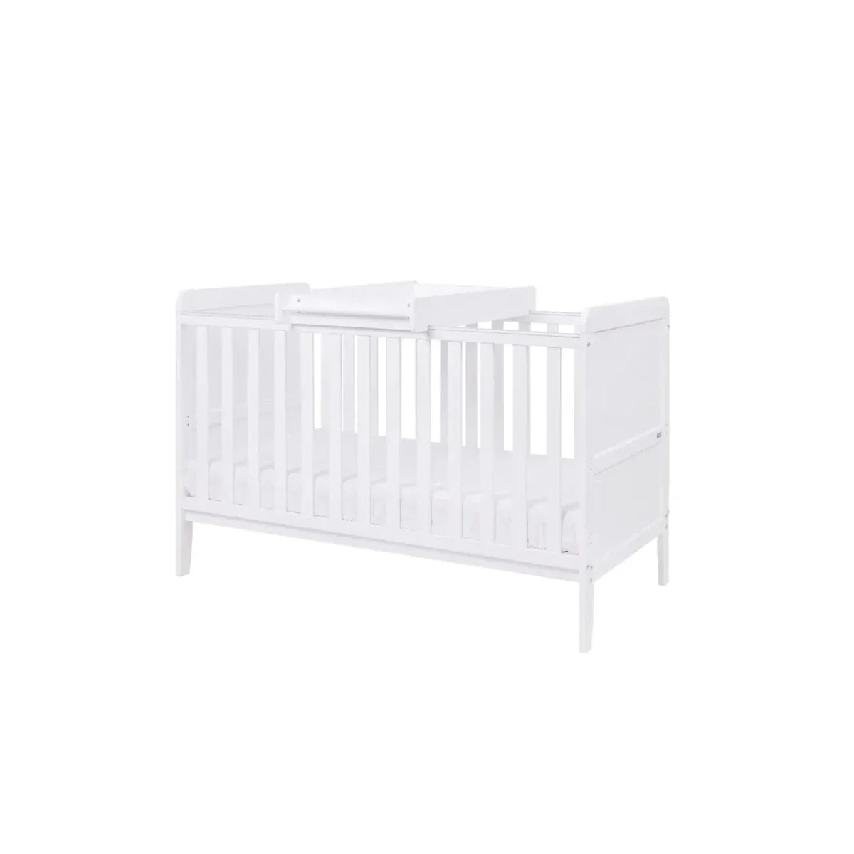 White cot bed with vertical guard rails and end panel detail