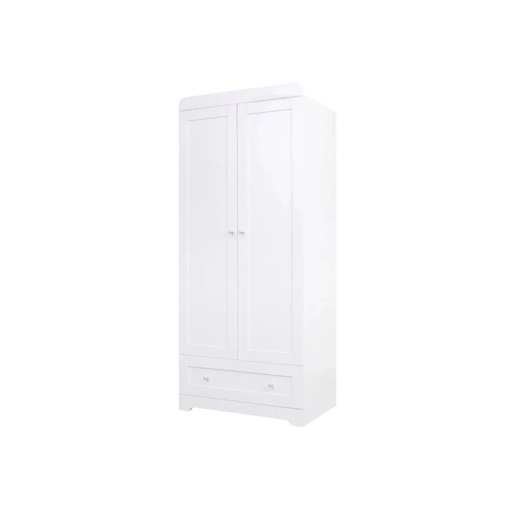 White wardrobe cabinet with two doors, central vertical panels, and bottom drawer