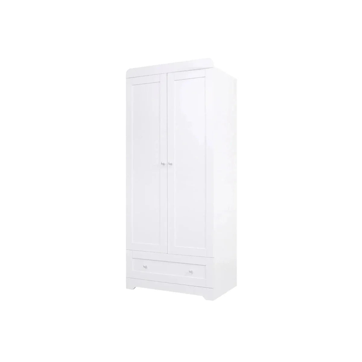 White wardrobe cabinet with two doors, central vertical panels, and bottom drawer