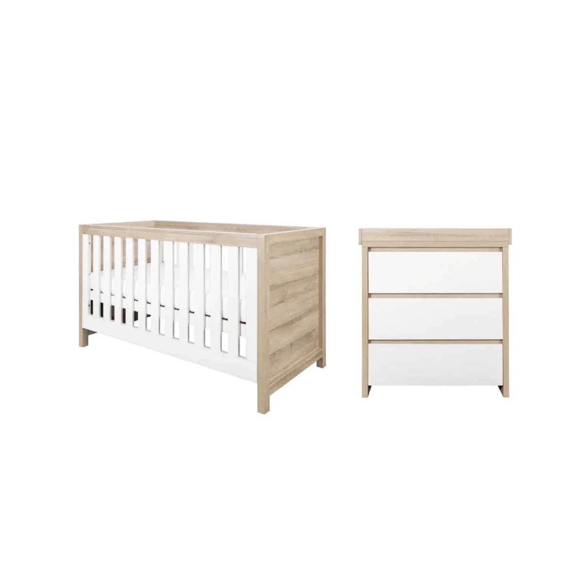 Convertible child bed set: white slat cot frame and light oak drawer unit