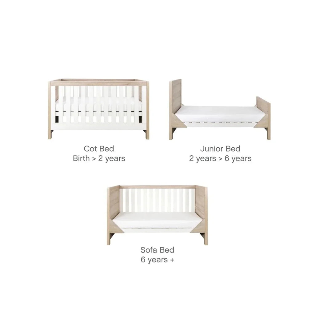 Three-stage bed system: cot, junior, and sofa bed with white slat panels