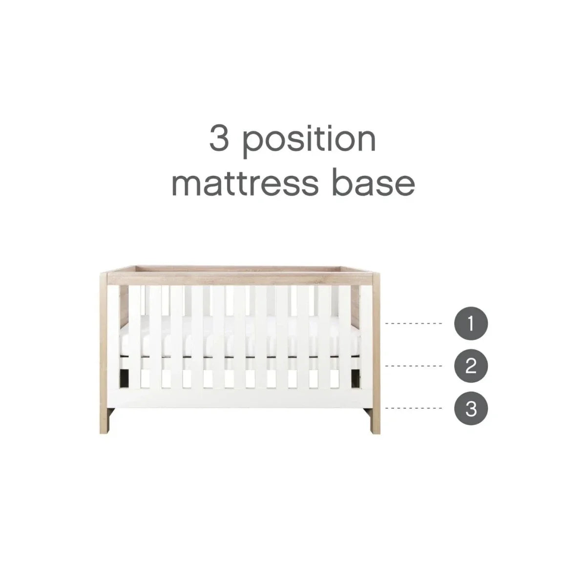 Cot bed mattress base showing three height positions within white slat frame
