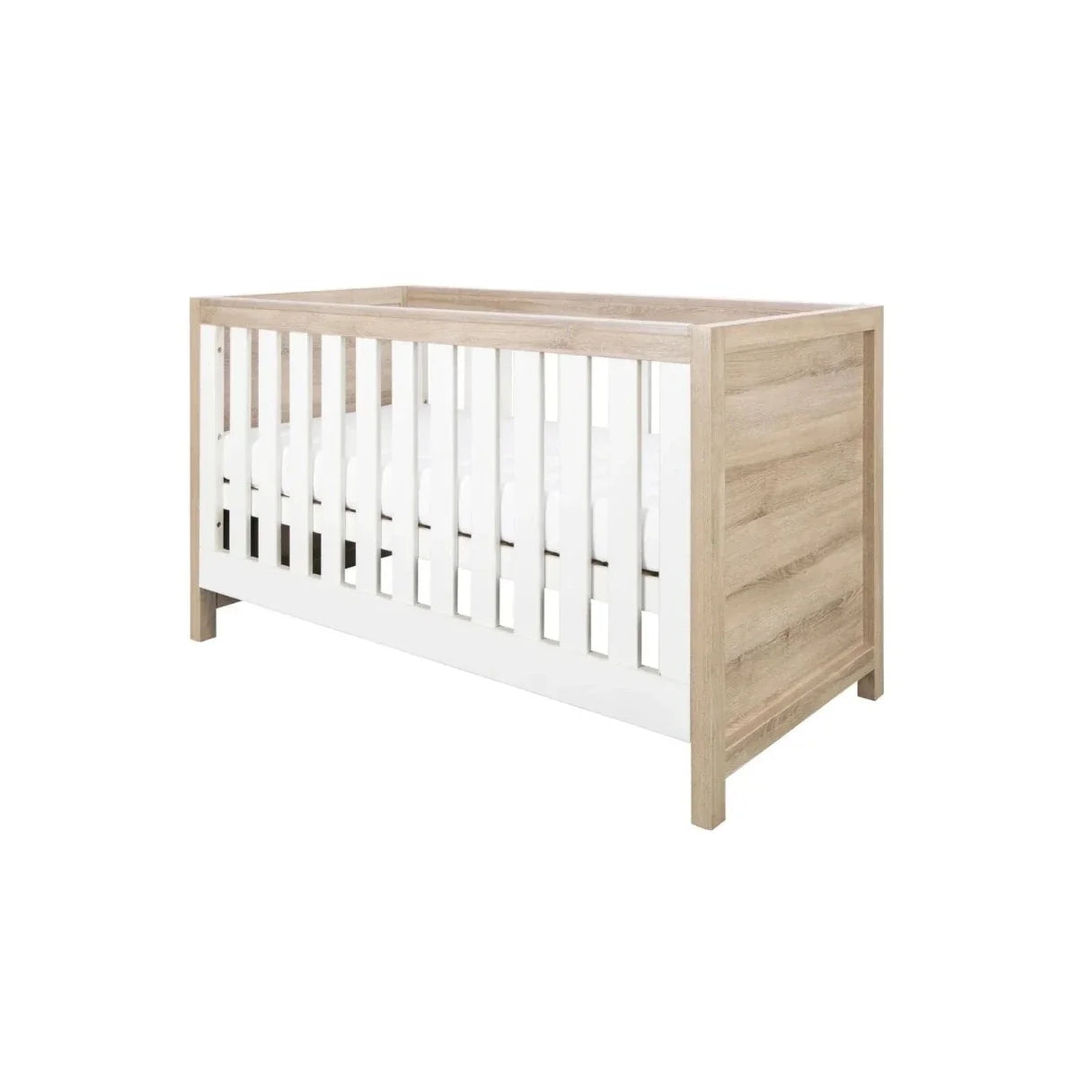 White slat cot bed with light oak frame and raised mattress base