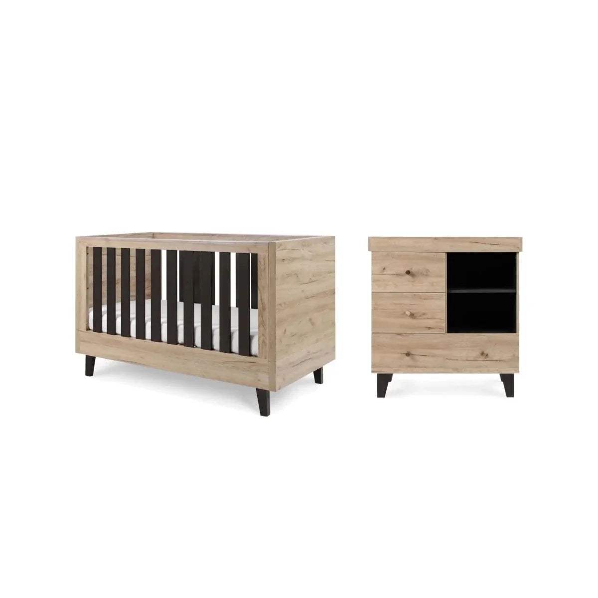 Distressed oak cot bed and matching side cabinet with black open storage.