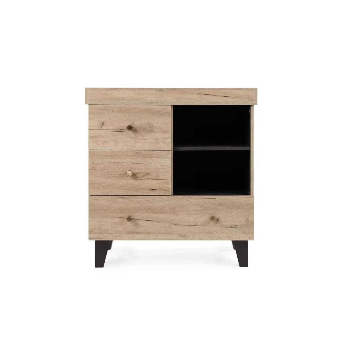 Distressed oak baby dresser with two drawers and open cubby shelf, dark interior