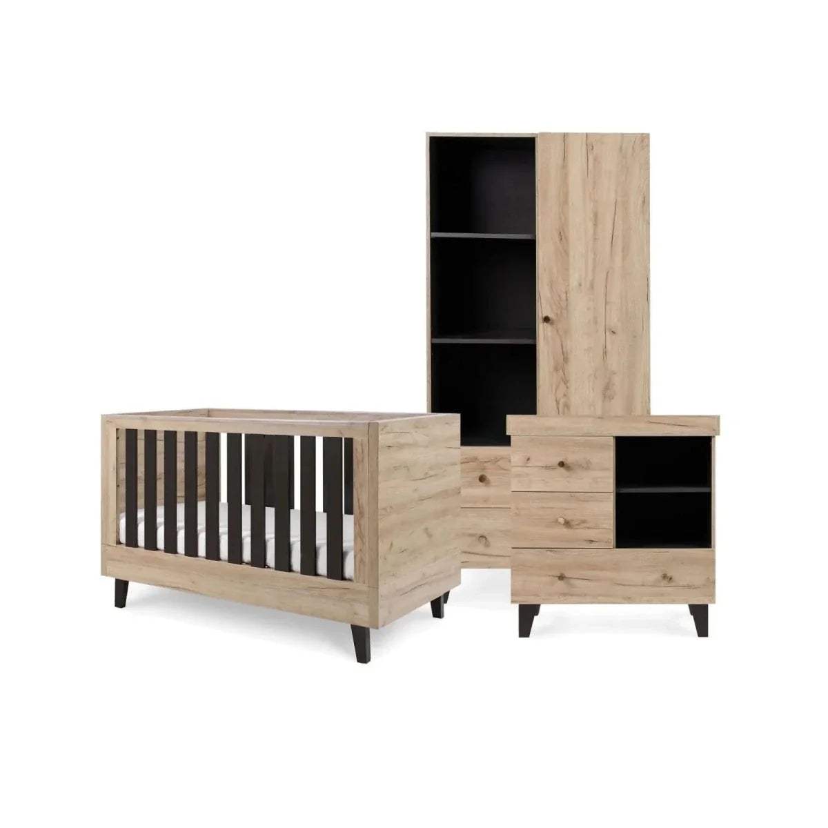 Cot bed with wardrobe and dresser storage cabinets in distressed oak finish