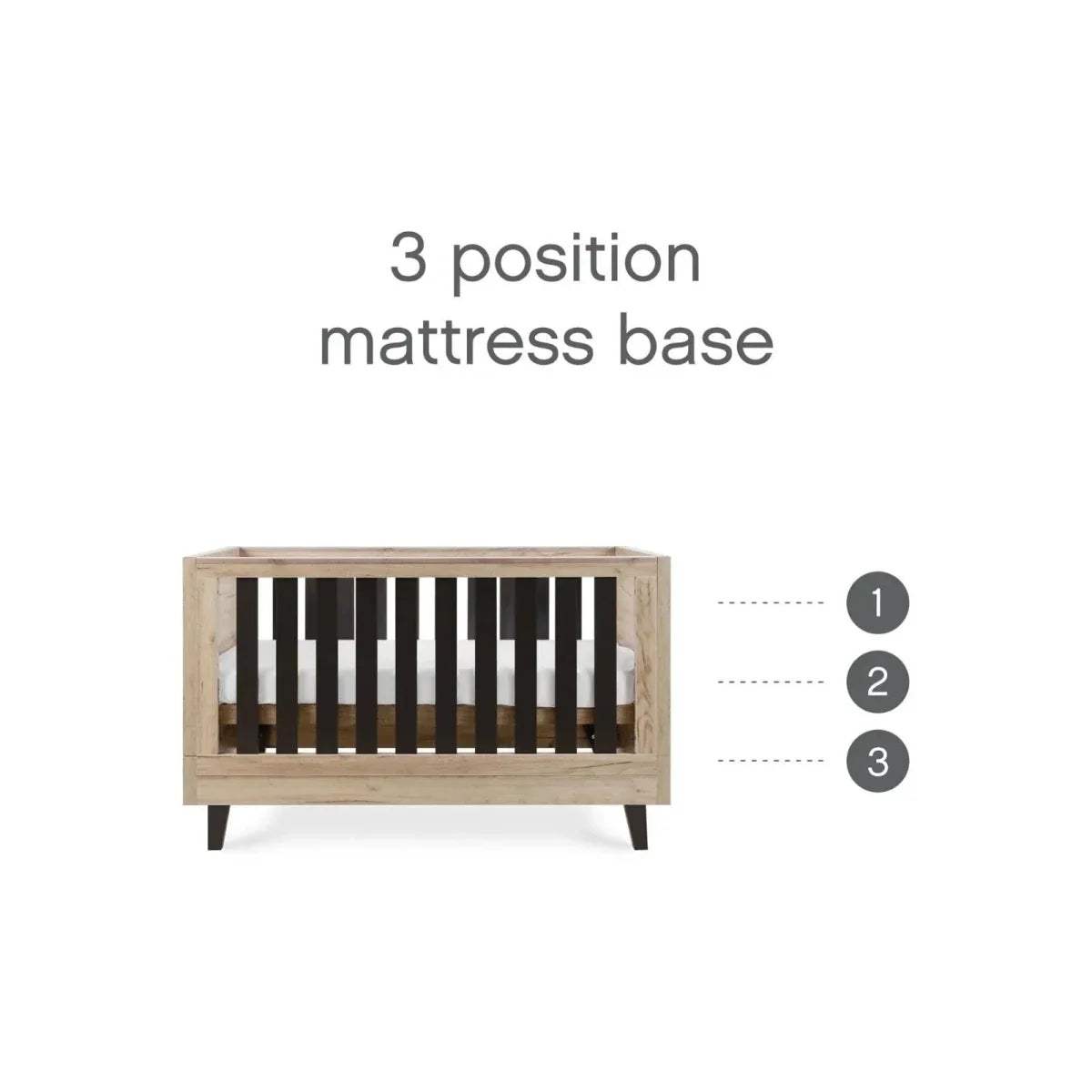 Baby cot bed frame with dark slat sides and adjustable mattress base