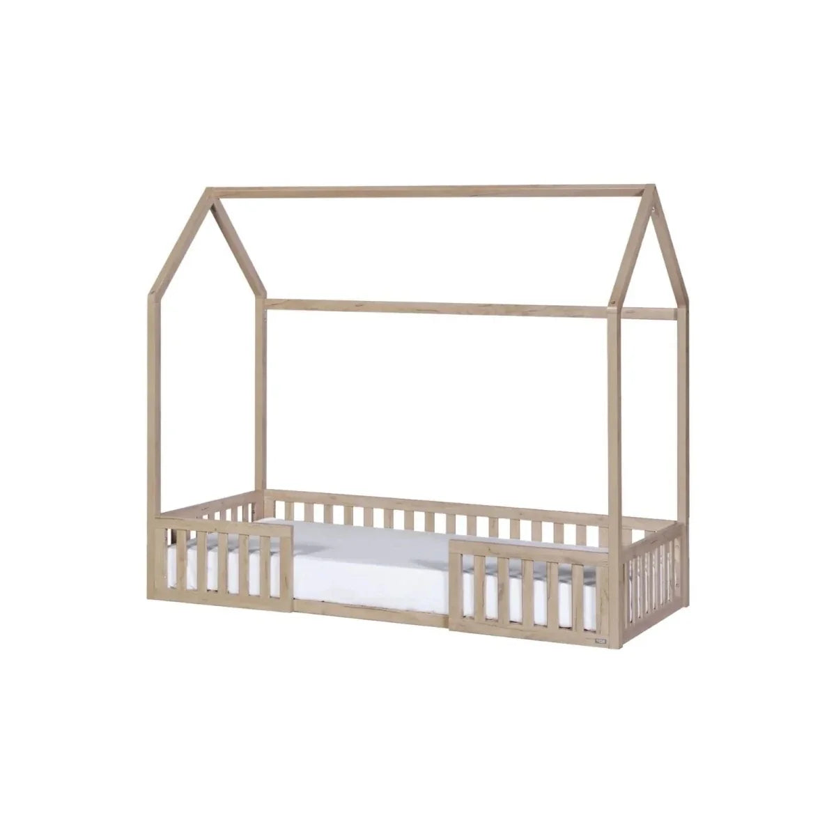 Oak toddler floor bed frame with low side rails and white mattress pad, no canopy