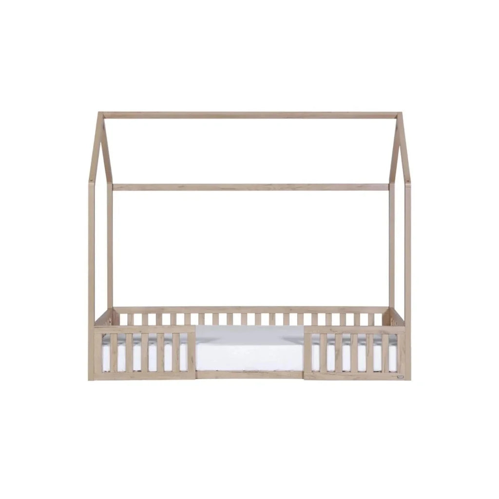 Oak toddler floor bed frame with low guard rails and open canopy top