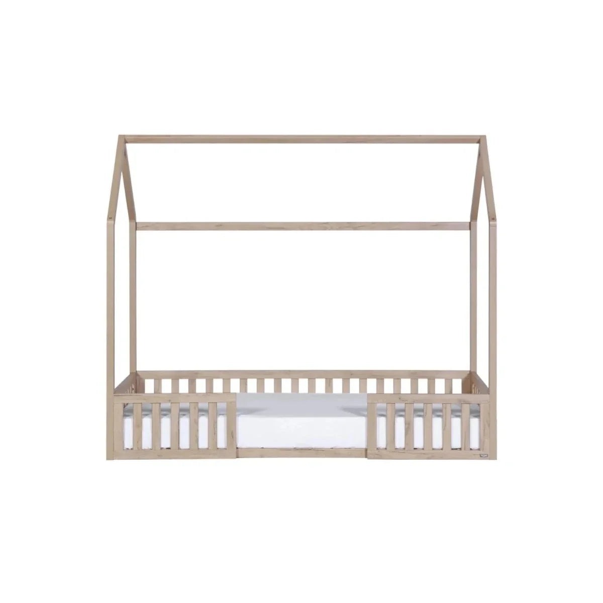 Oak toddler floor bed frame with low guard rails and open canopy top
