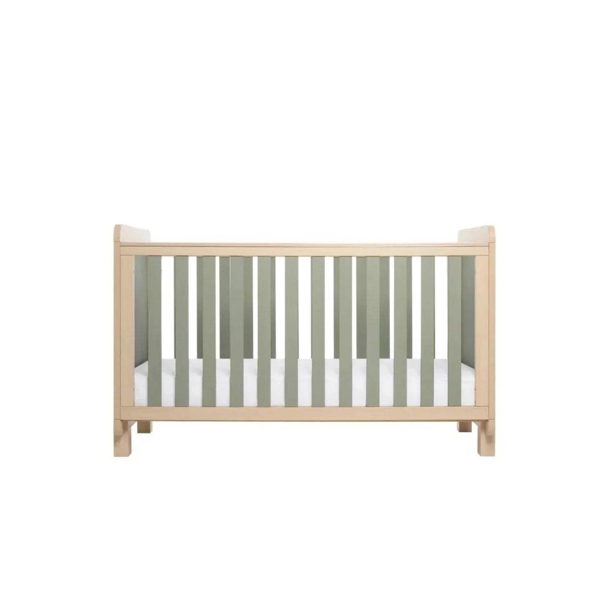 Golden oak cot bed with sage inner panels and vertical bed slats