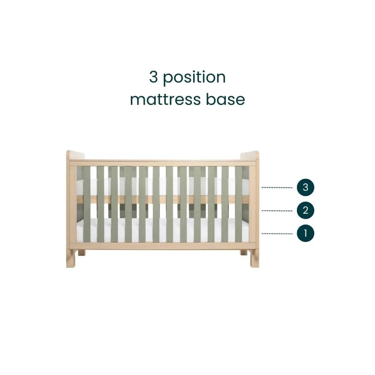 Cot bed with adjustable mattress base showing three height positions