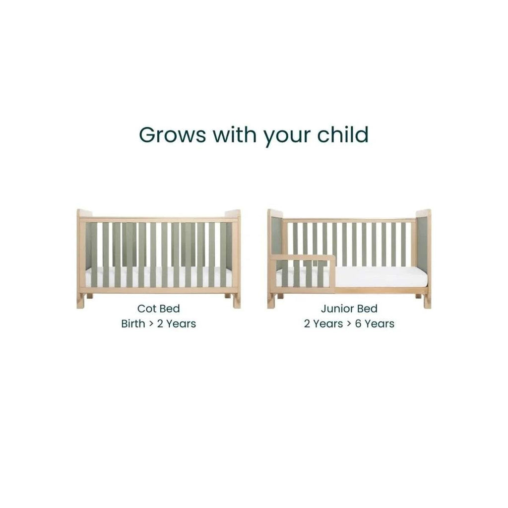 Cot bed alongside junior bed layout, both with sage slatted sides