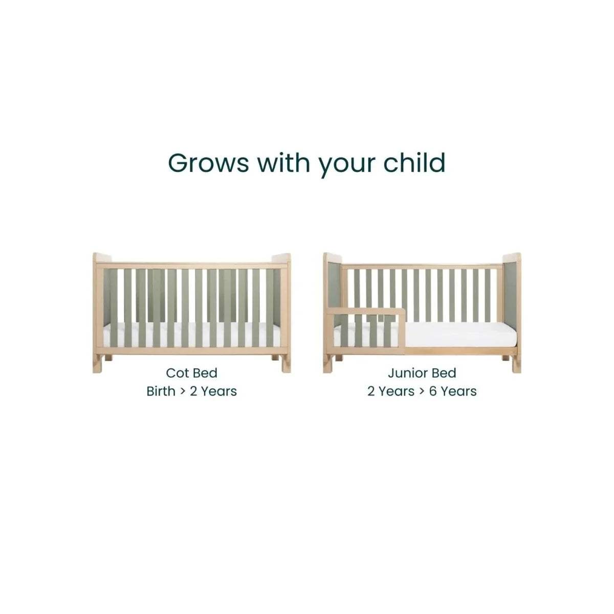 Cot bed alongside junior bed layout, both with sage slatted sides