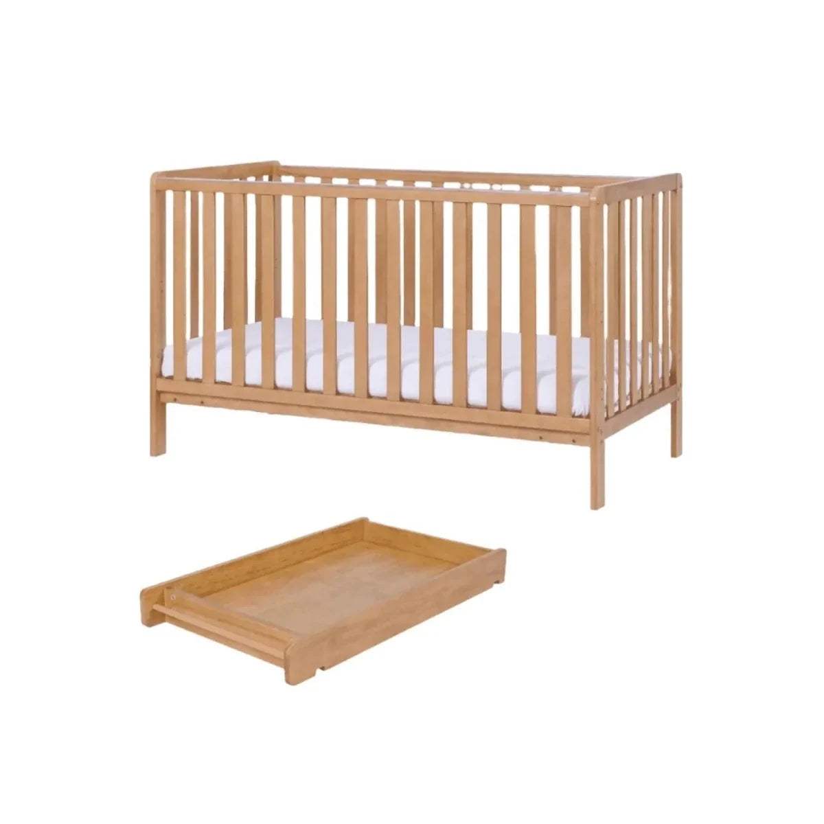 Light wood cot bed with vertical slat sides and separate mattress base platform