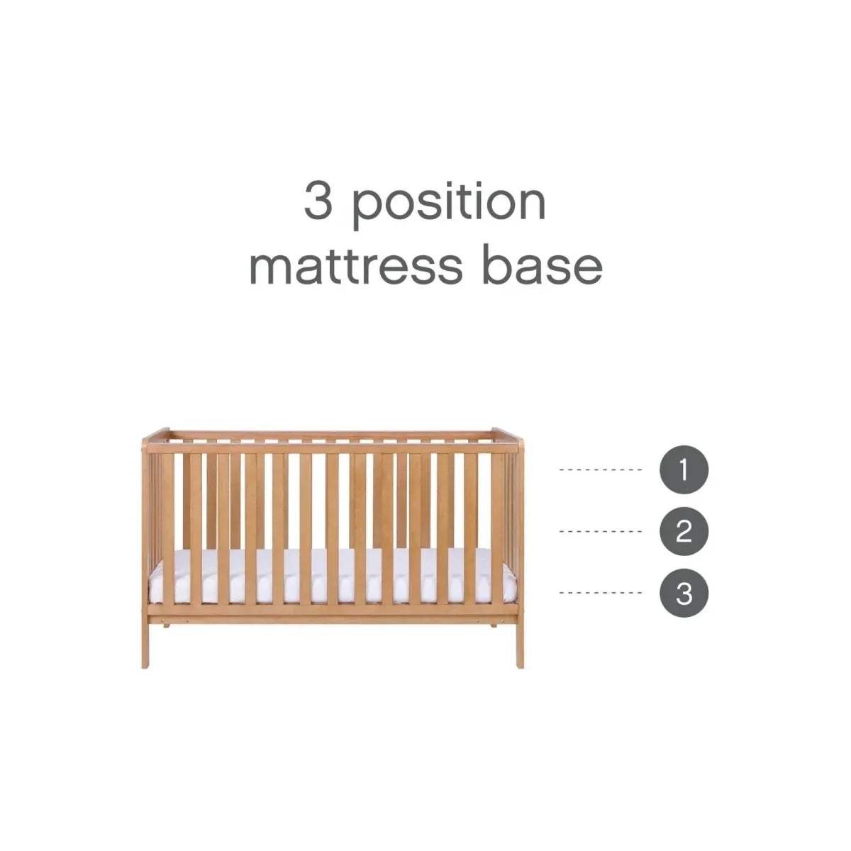 Wooden cot bed with slatted sides and 3-level mattress base positions