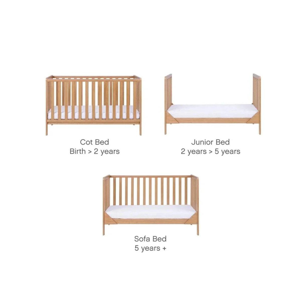 Convertible wooden cot bed showing cot, junior bed, and sofa bed configurations