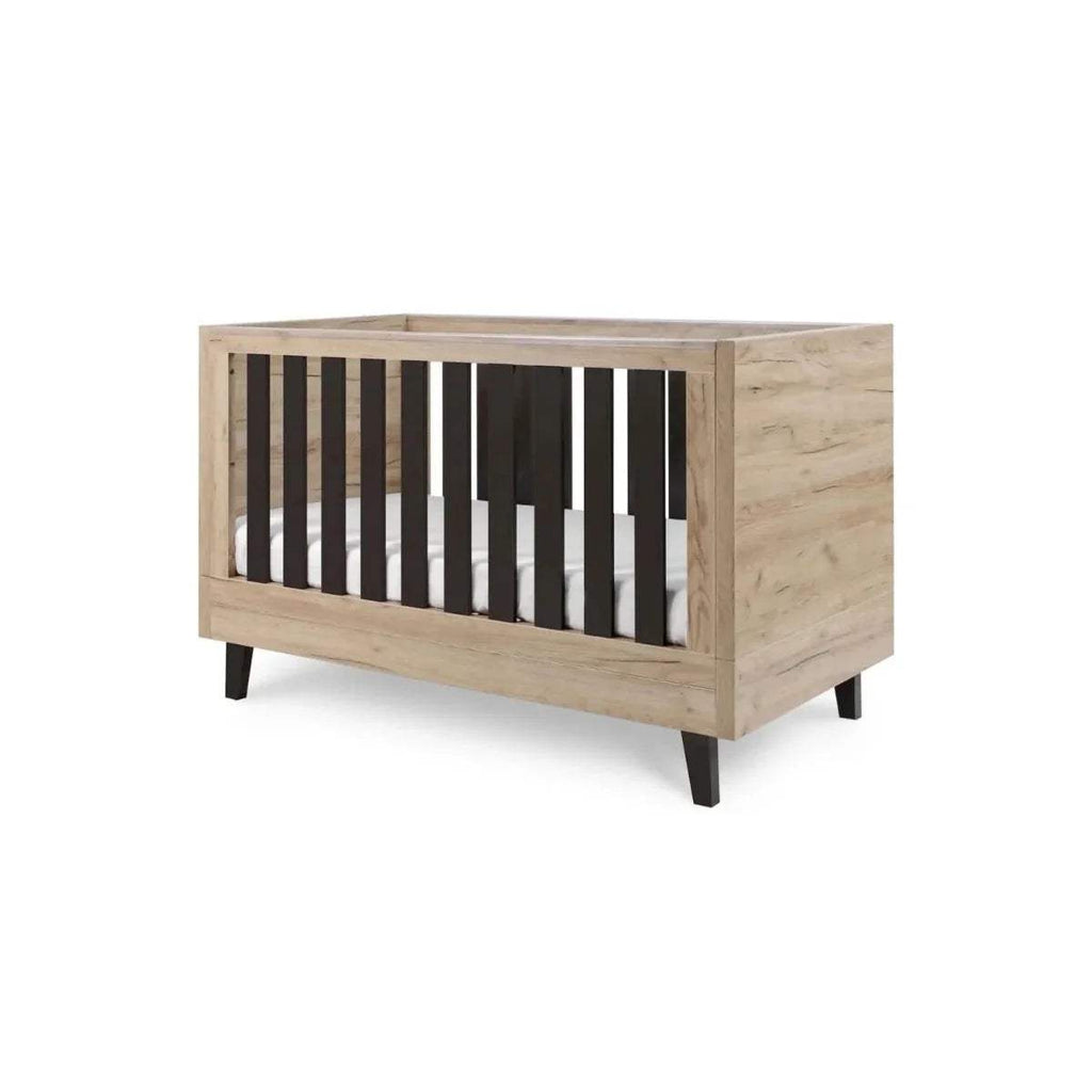 Distressed oak cot bed with slate grey vertical slats and black support legs