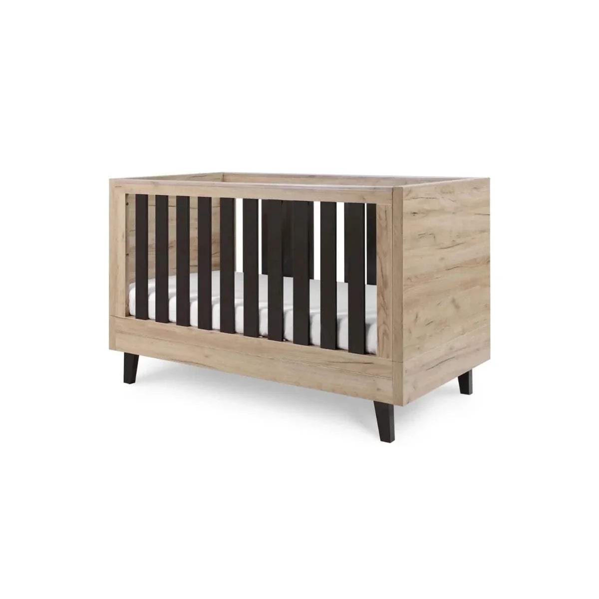 Distressed oak cot bed with slate grey vertical slats and black support legs