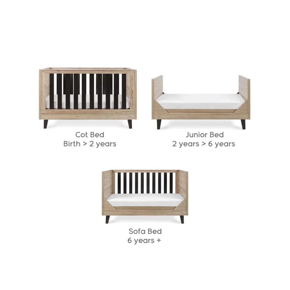 Convertible cot bed layout showing cot, junior, and sofa configurations