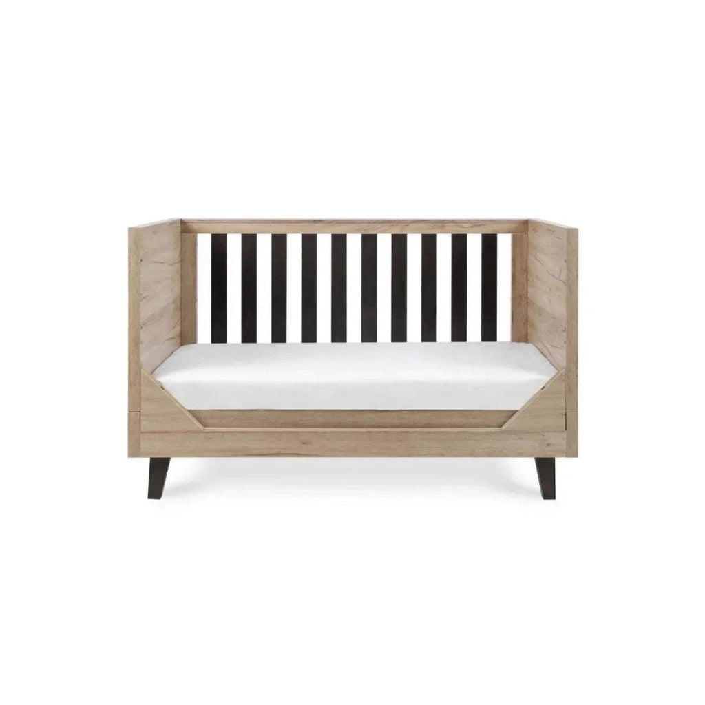 Distressed oak cot bed with slate grey slats and white mattress base