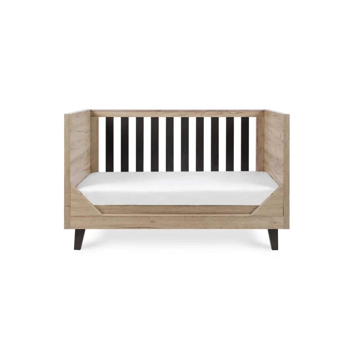 Distressed oak cot bed with slate grey slats and white mattress base