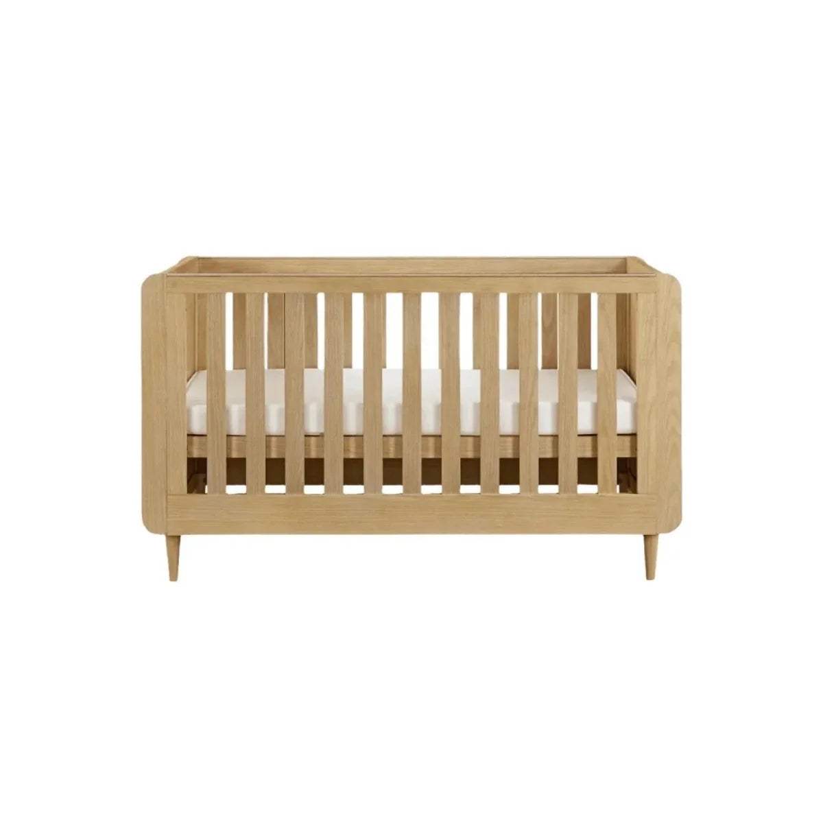 Light oak cot bed side view with vertical slat rails and solid end panels