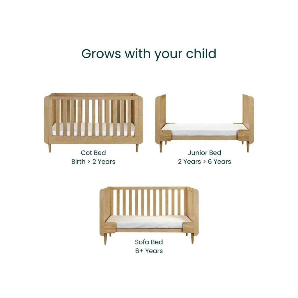 Convertible cot bed illustration showing cot, junior and sofa bed frames in light oak