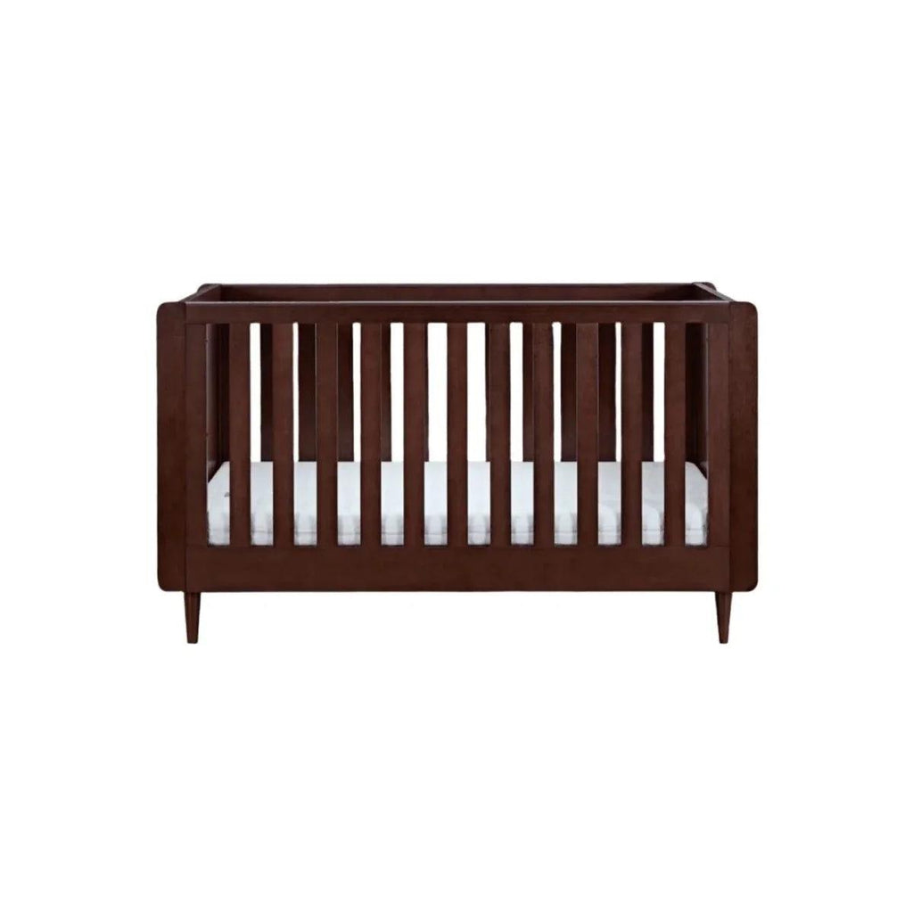 Warm walnut cot bed frame with vertical slat sides and a woven panel end