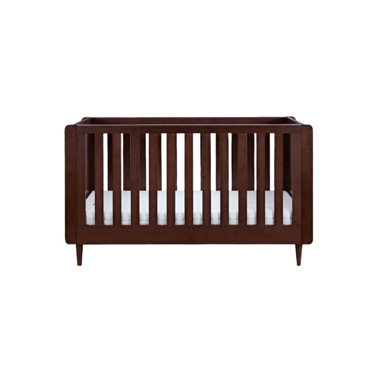 Warm walnut cot bed frame with vertical slat sides and a woven panel end
