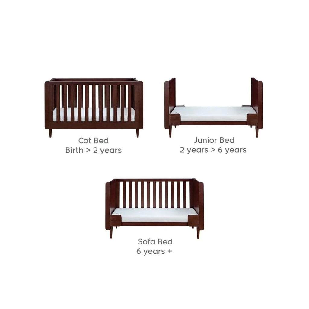 Warm walnut convertible bed set showing cot, junior bed, and sofa bed
