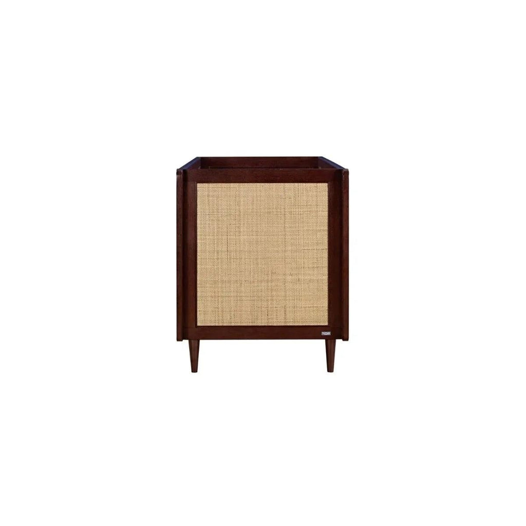 Tutti Bambini Japandi cot bed in warm walnut, side panel with light beige fabric insert