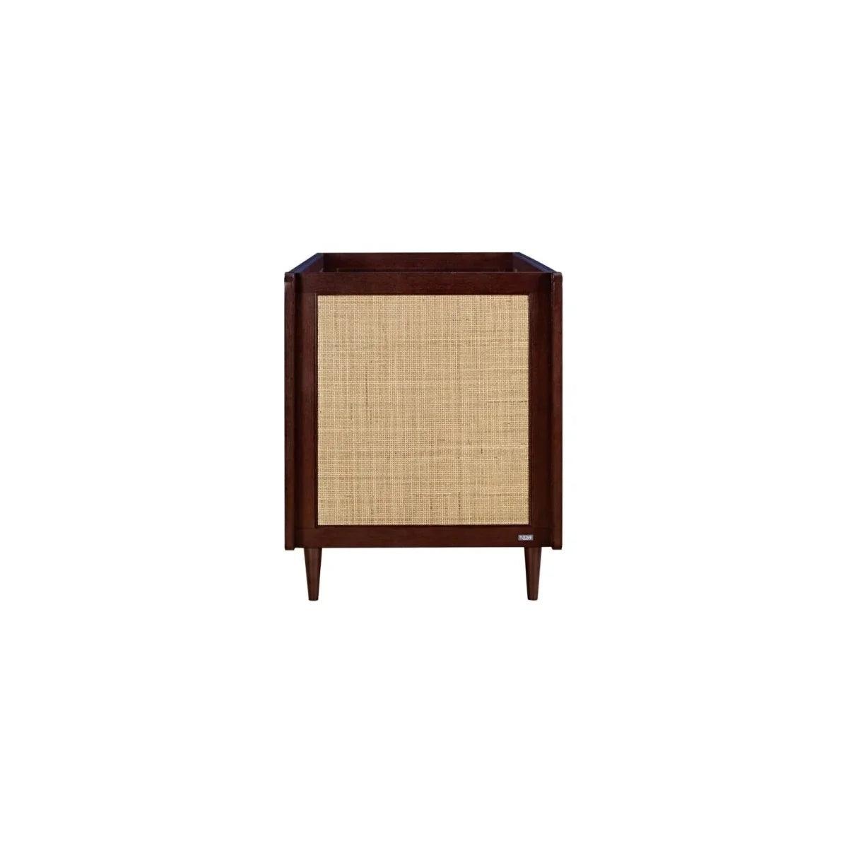Tutti Bambini Japandi cot bed in warm walnut, side panel with light beige fabric insert