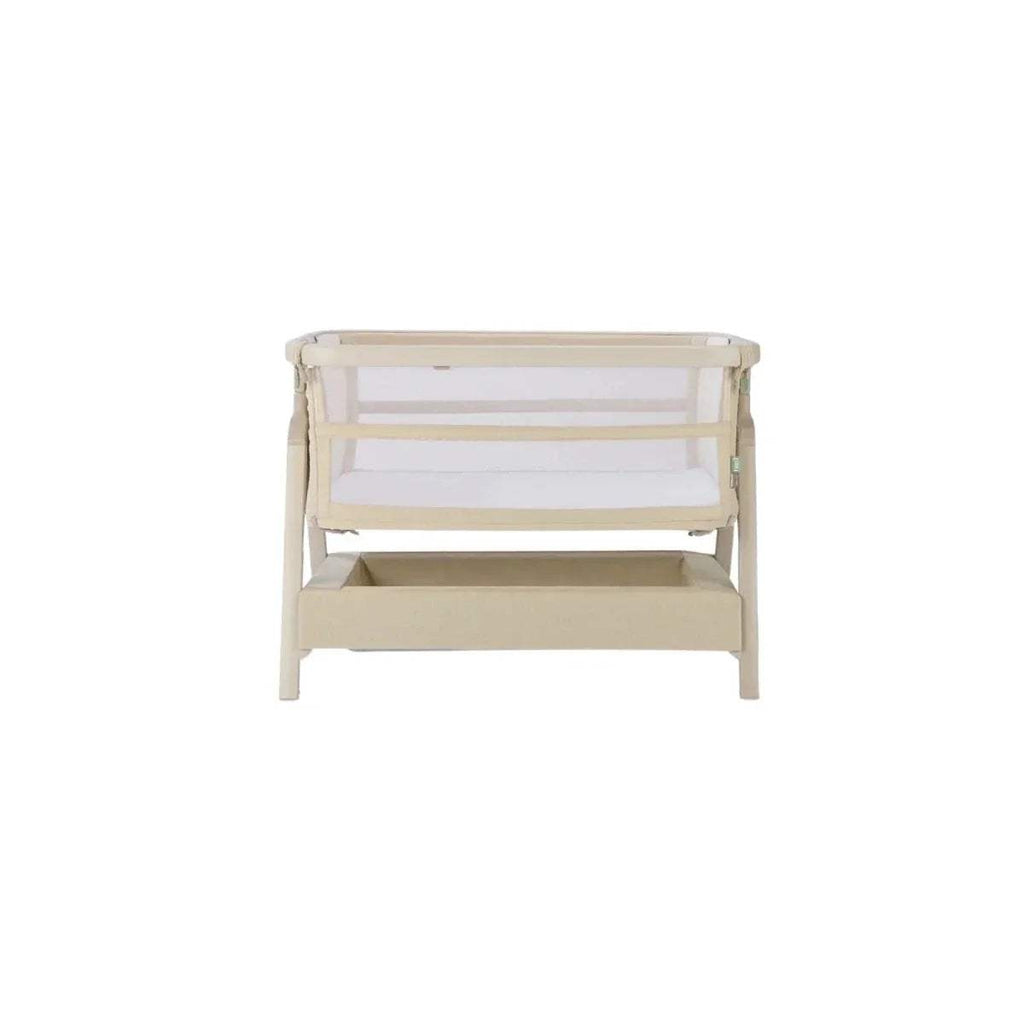 Sand bedside crib, front view with open lower shelf and mesh sides