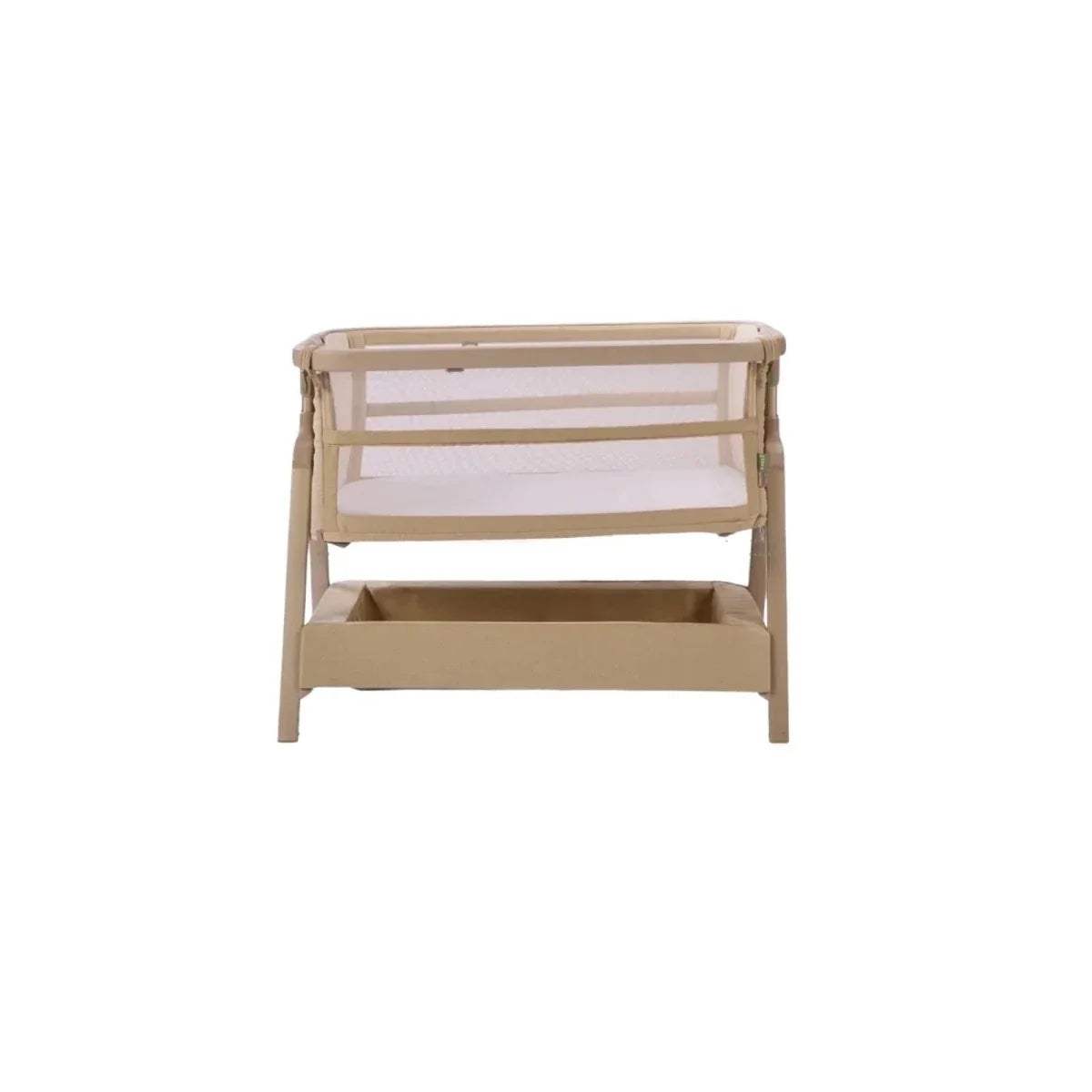 Sand bedside crib with raised end panels and open interior platform