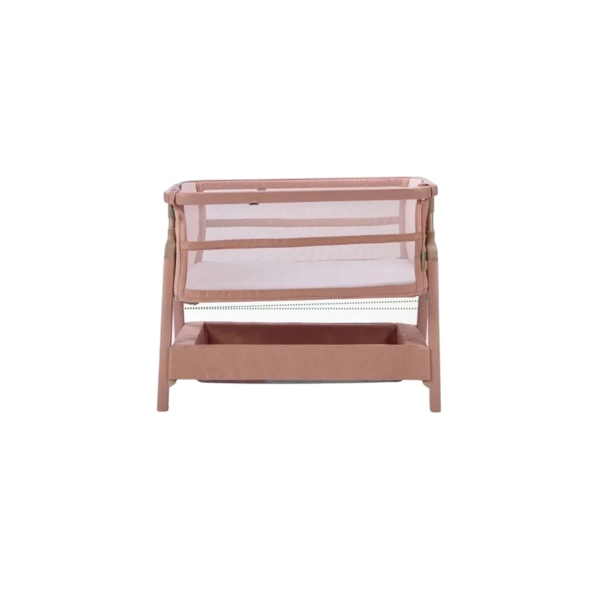 Blush bedside crib with horizontal rails, mesh sides, and padded lower storage panel.
