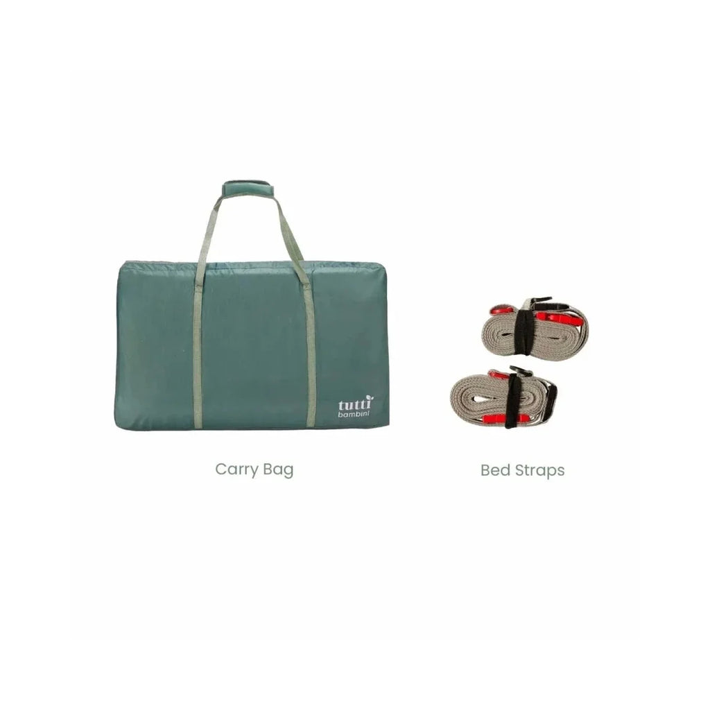Teal carry bag and bed straps for a bedside crib, shown as a set