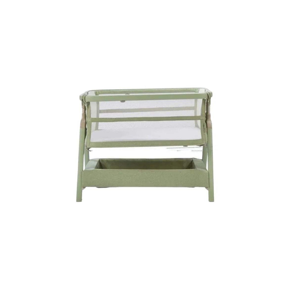 Eucalyptus green bedside crib front view with raised rail and open inner frame