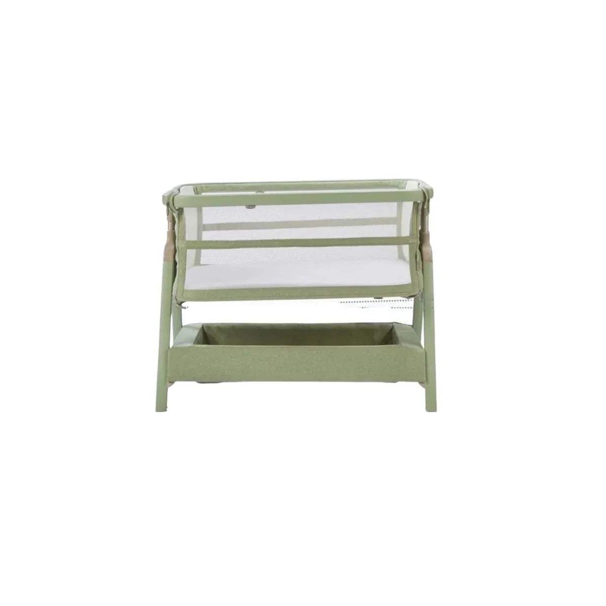 Eucalyptus green bedside crib front view with raised rail and open inner frame